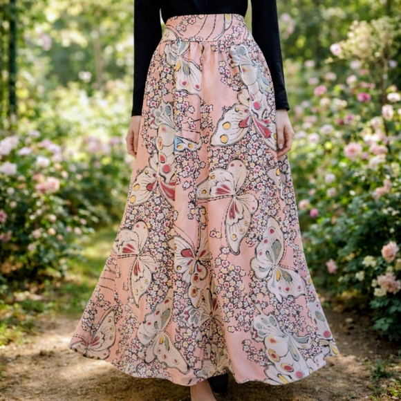 Paul & Joe Dresses & Skirts - Paul & Joe Pink Butterfly A-Line Pink Peach Maxi Silk Skirt With Yellow Florals